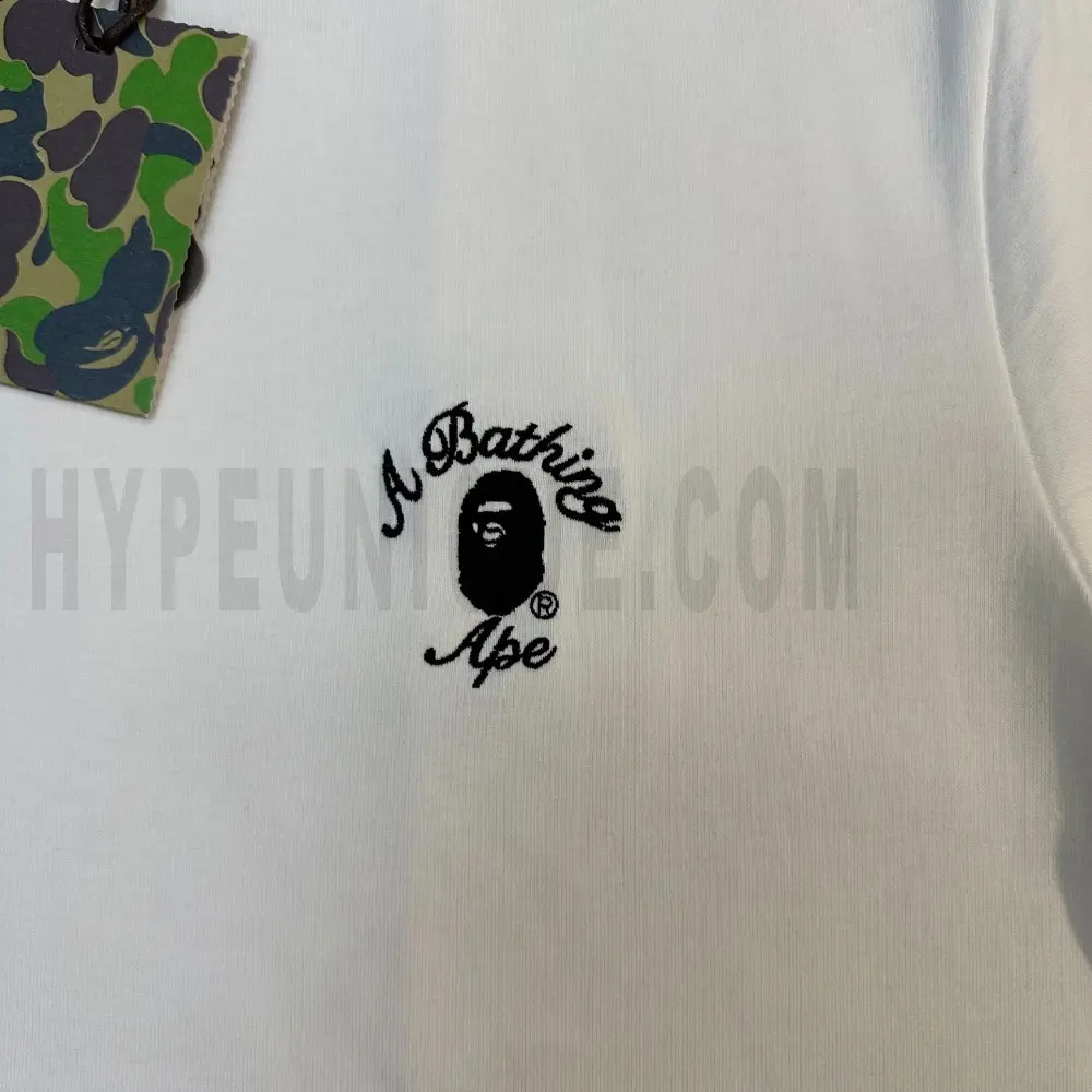 Close-up of the T-shirt print details of the front of the white clothes.