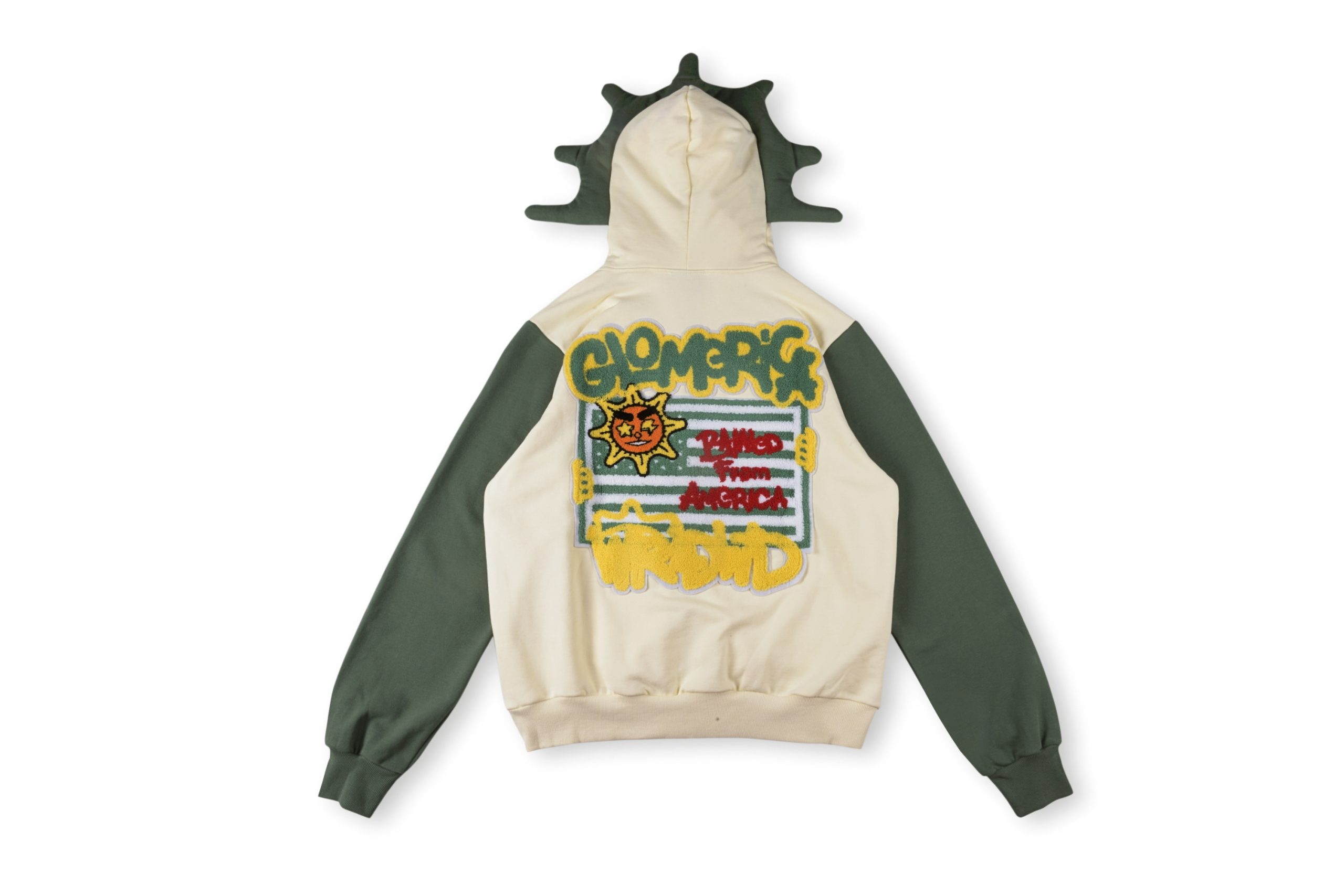 Glomerica Full Zip Hoodie (Cream/Sage) back view. Showing the graphic design.