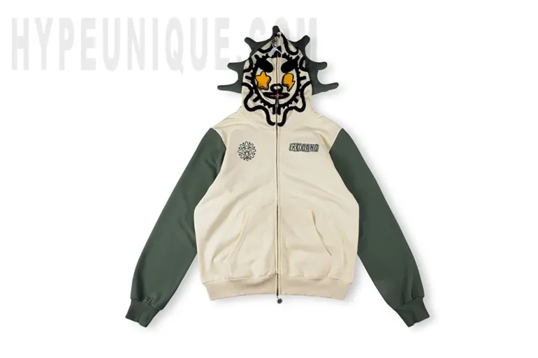 Front view of the Glomerica Full Zip Hoodie (Cream/Sage). Showing the unique hood and overall beige and green colorway.