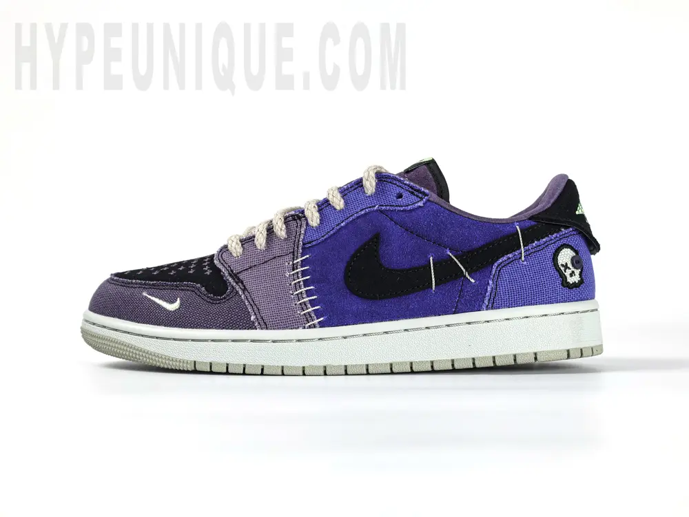Detailed front view of the outside of the right shoe