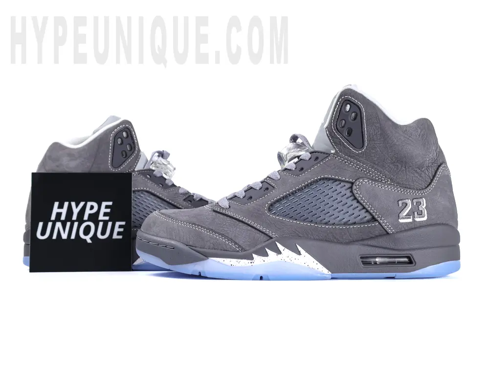 Jordan 5 ‘Wolf Grey’ paired with Hypeunique brand logo in a combined shot.