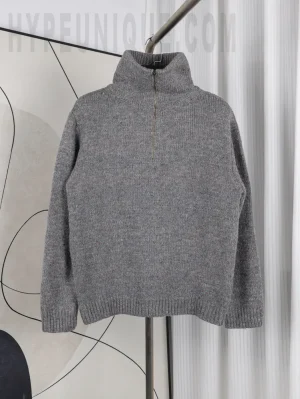 Front view of the Margiela 25FW Grey Wool-Blend Half-Zip Sweater, showcasing the soft grey wool-cashmere fabric.