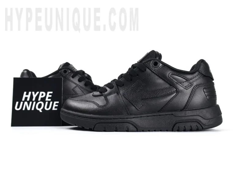 A photo of the Off-White Out of Office Low 'Triple Black' and the hypeunique logo.