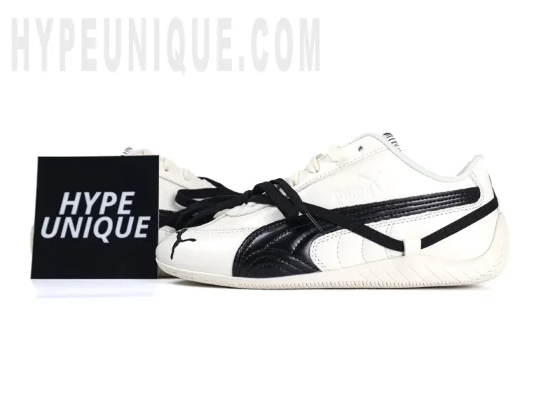 A photo of the Speedcat Leather Rosé White and the Hypeunique logo.