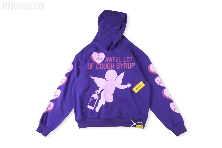 That's an Awful Lot of Cough Syrup. I LOVE YOU. (Purple Hoodie front view. Pink angel logo.)