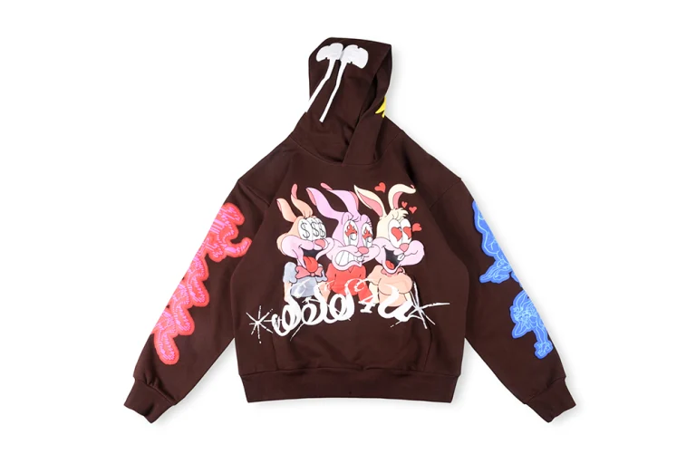 Brown hoodie with graphic design.