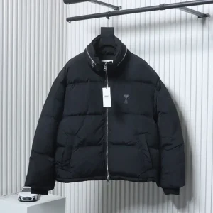 AMI Leather Label Heart Hidden Hood Down Jacket