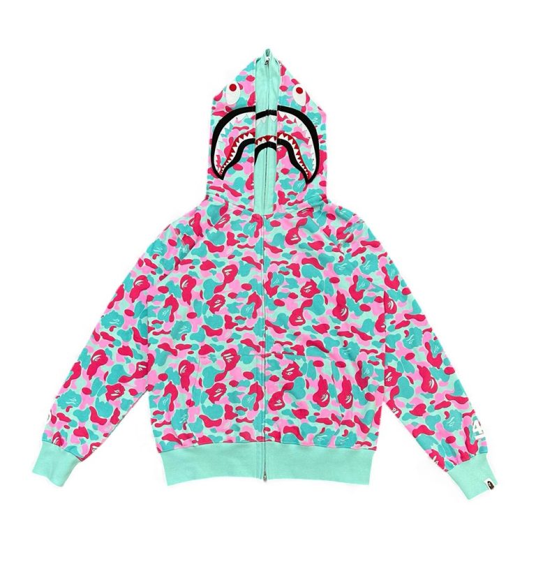 BAPE Store Miami Shark Full Zip Hoodie Pink/Blue Front View