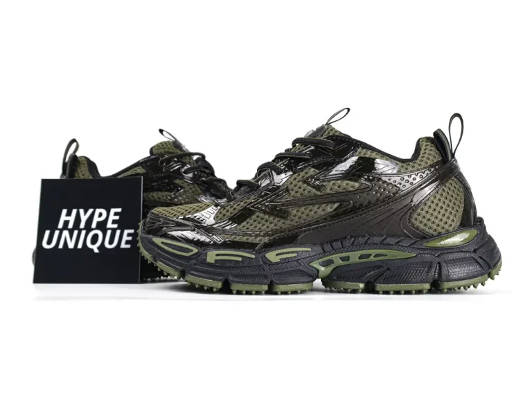 Pair of Off-White Black Be Right Back trainers in dark green and black mesh with chunky sole