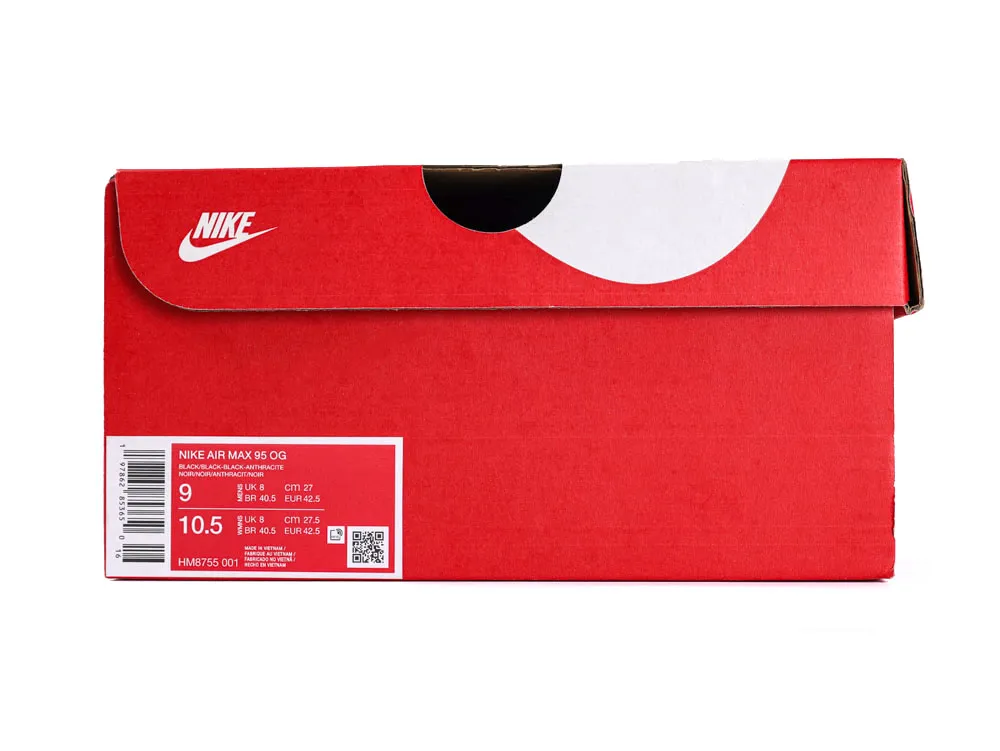 Red cardboard box featuring Nike logo and shoe size label on the side.