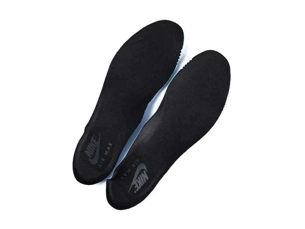 Black fabric shoe insoles with printed logo, showing top view on white background.