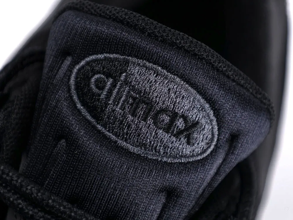 Black fabric shoe tongue with embroidered logo, featuring black laces.