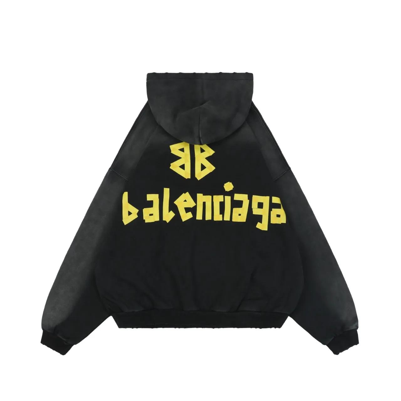 Black hoodie with yellow text, made from cotton, featuring a hood and long sleeves.