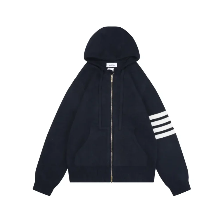 Four-Bar Back Pony Hooded Jacket Navy Wool Blend Preppy Knit Hoodie Detail