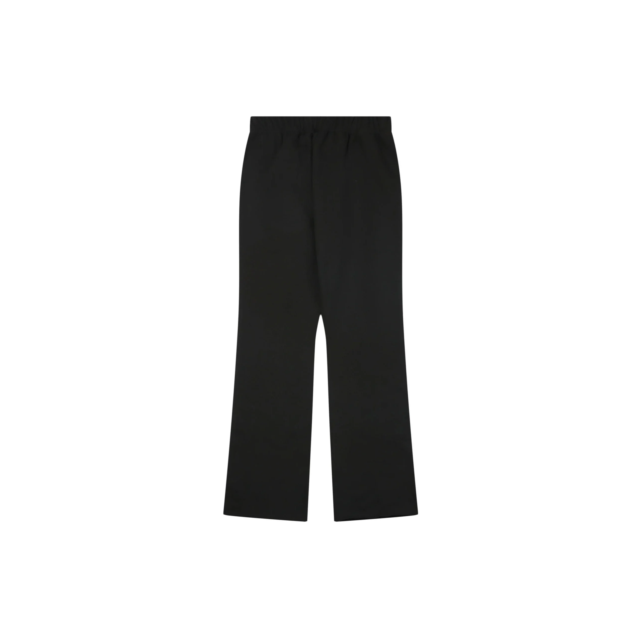 Black cotton pants with elastic waistband and wide legs.