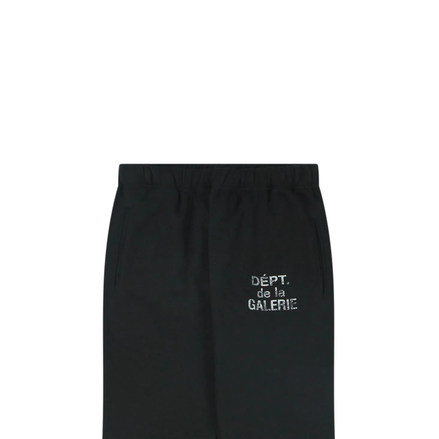 Black cotton pants with waistband and embroidered logo on the side.