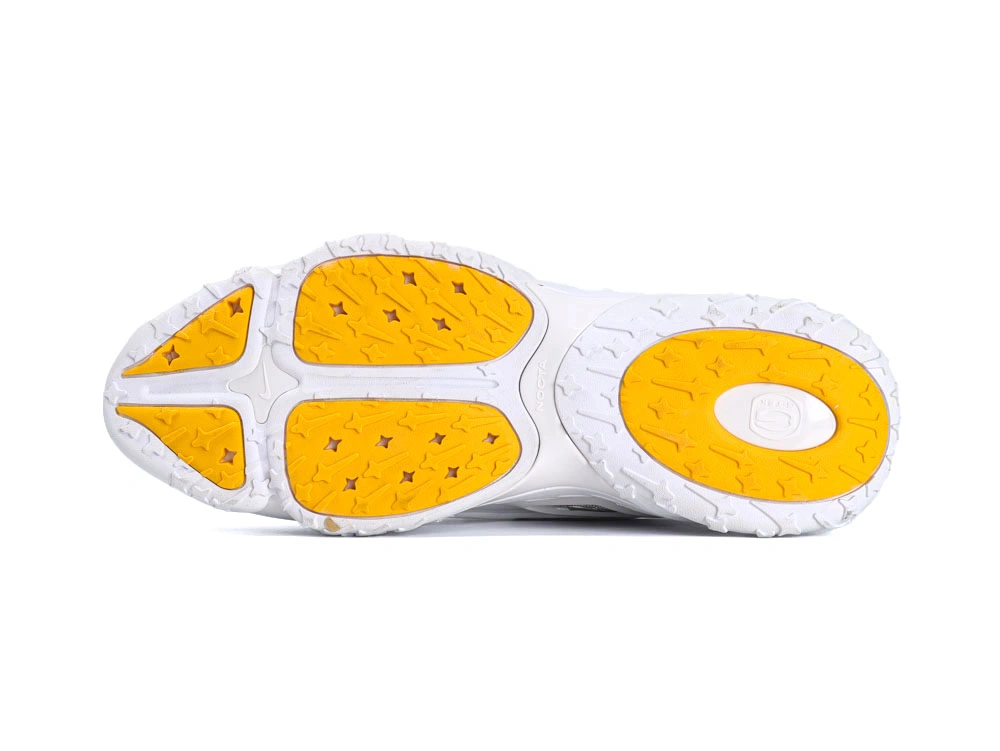 Side profile of sleek all-white sneakers showcasing wavy synthetic overlays and visible Air unit.