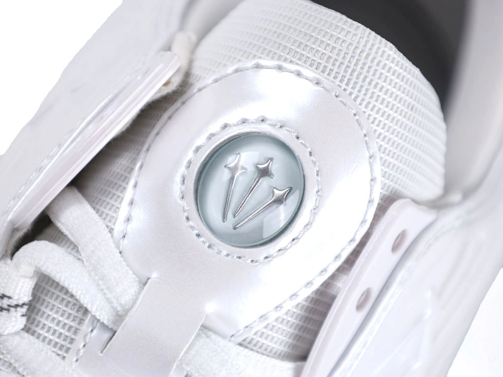 Side profile of sleek all-white sneakers showcasing wavy synthetic overlays and visible Air unit.