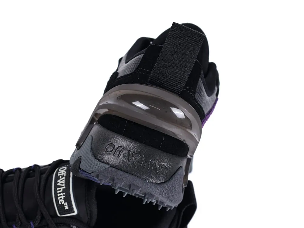 Black shoe with purple accents, featuring a padded heel and Off-White branding.