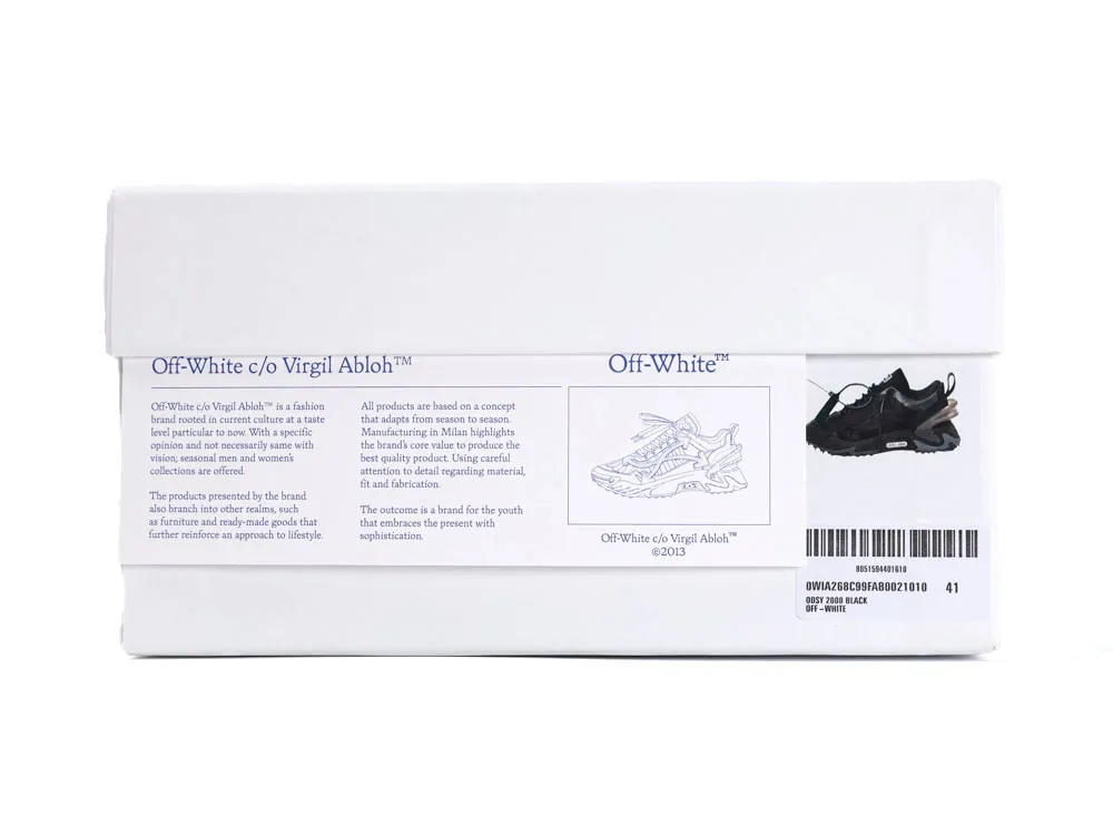 White shoe box with Off-White brand logo and black sneaker illustration on the side.