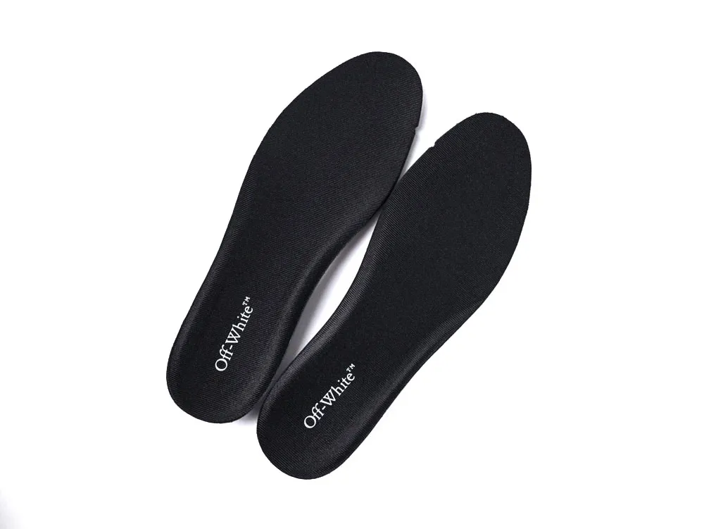 Black fabric shoe insoles with "Off-White" branding, designed for comfort and support.