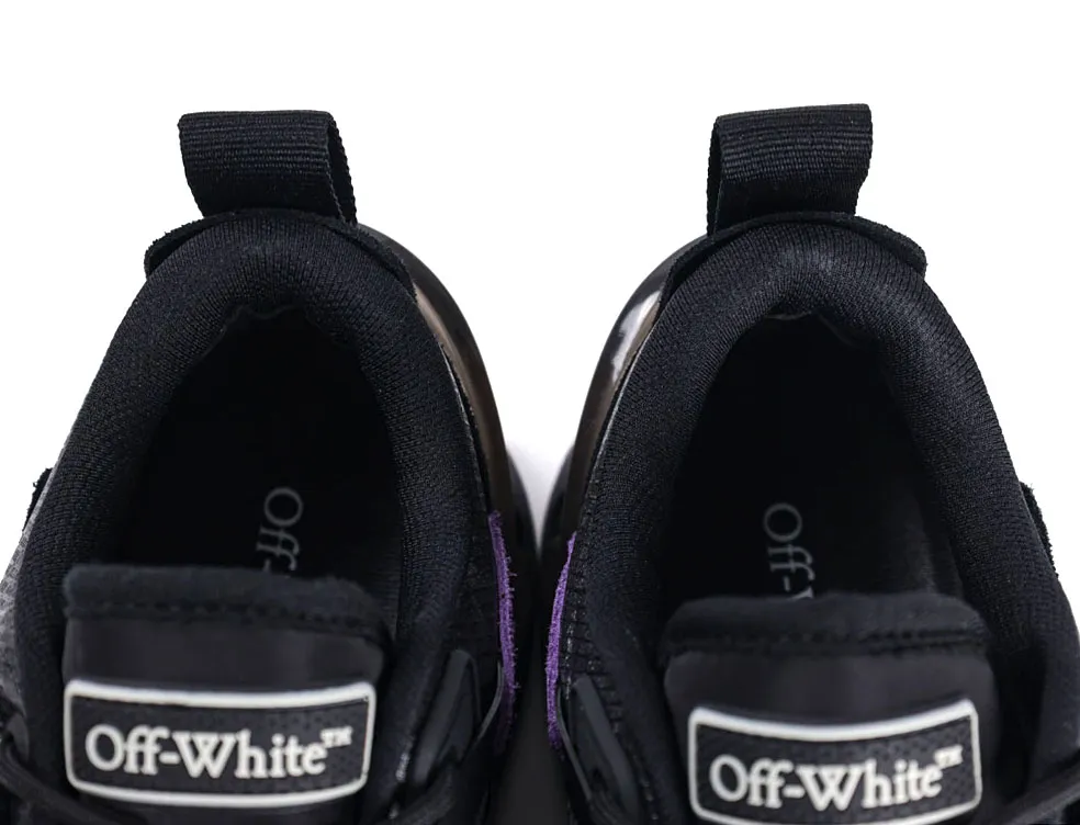 Black fabric sneaker tongues with "Off-White" branding, featuring pull tabs.