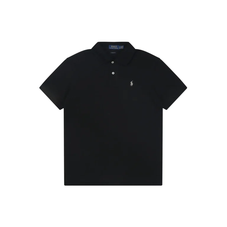 Black cotton polo shirt with short sleeves and collar, featuring small embroidered logo.