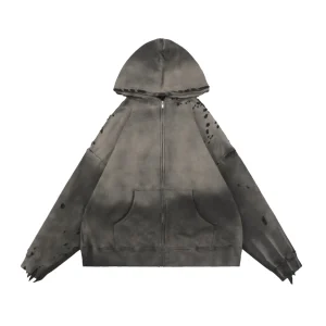 hooded jacket with gradient design, made from cotton fabric featuring front pockets.