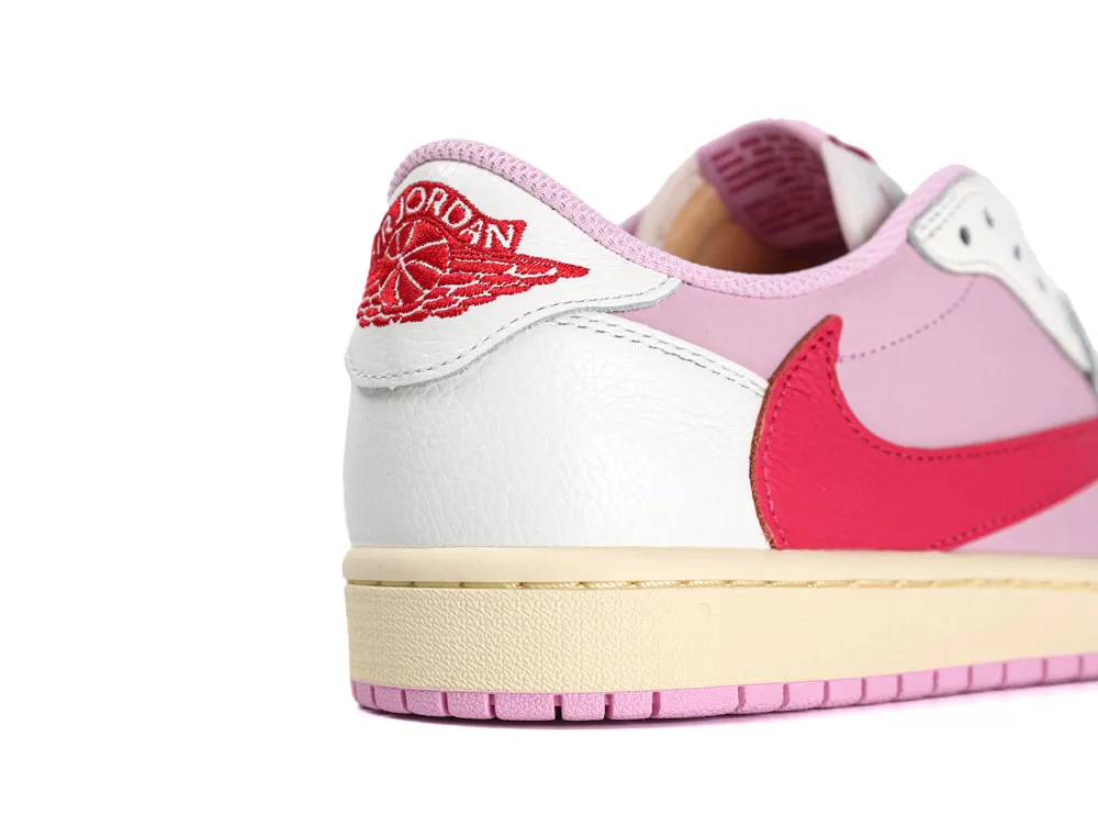 White and pink leather sneaker with red logo and stitching, beige midsole.