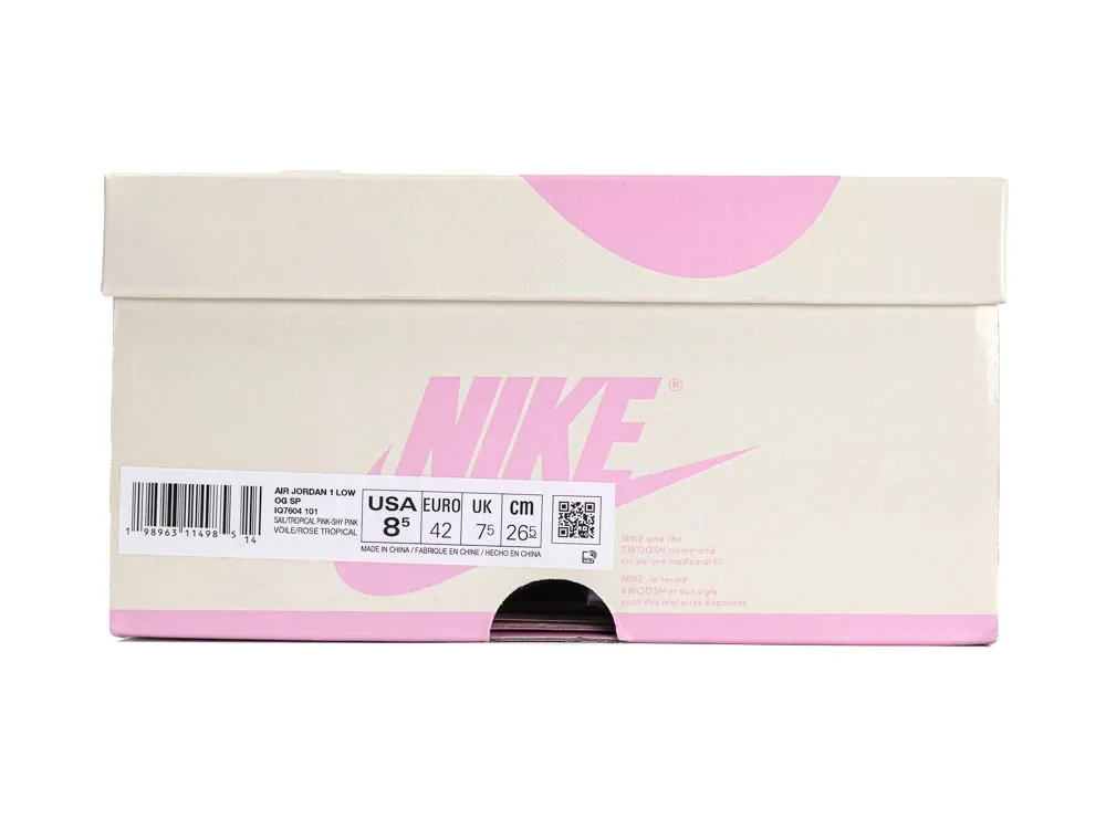 Cream and pink cardboard Nike shoe box with size label and branding.