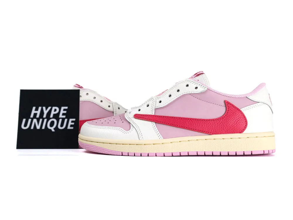 Pink and red leather sneakers with white overlays, featuring a distinctive red swoosh.