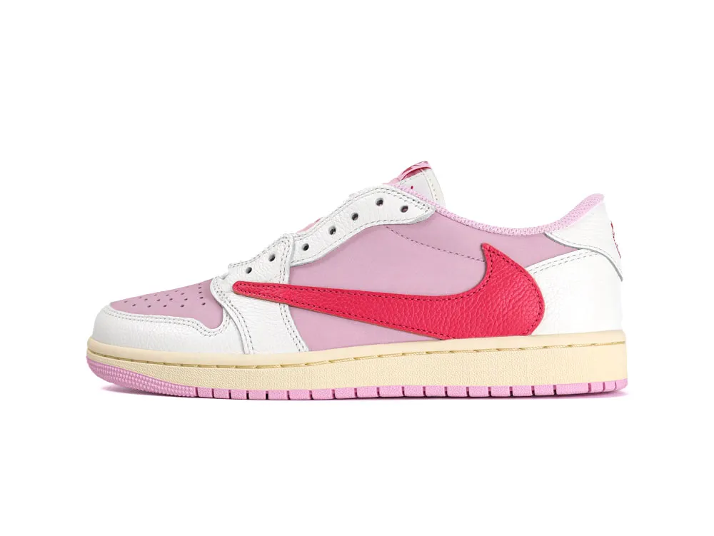 White and pink leather sneaker with red swoosh and cream midsole.