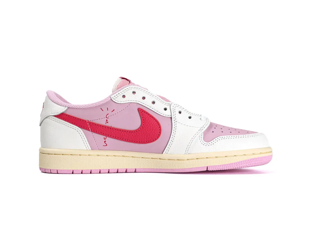 Pink and white leather sneaker with red accents and cream sole.