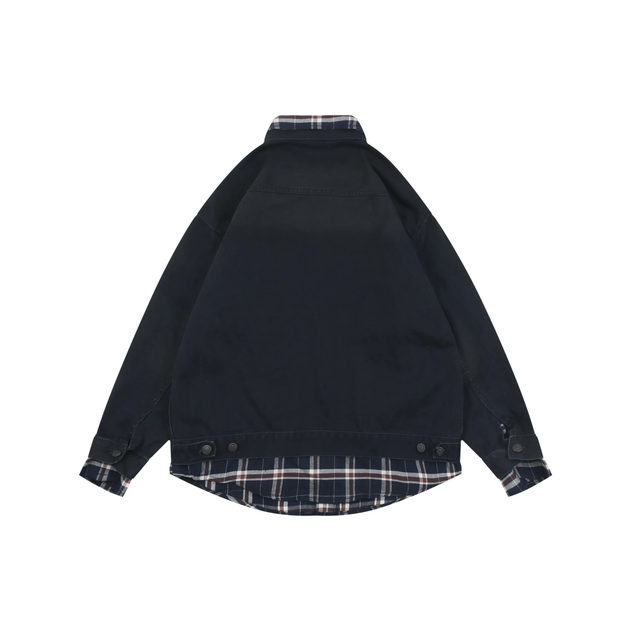 Back of BLCG Plaid Patchwork Deconstructed Denim Jacket