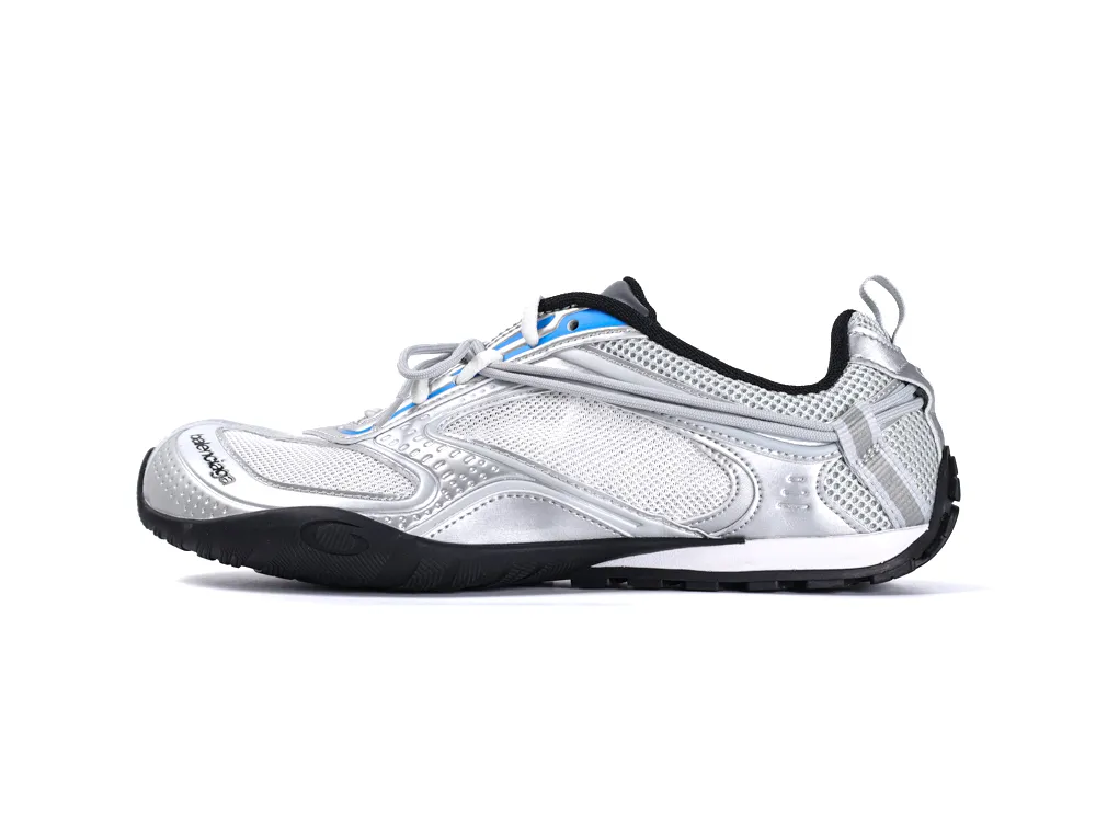 Silver and blue running shoe with mesh upper and black sole.