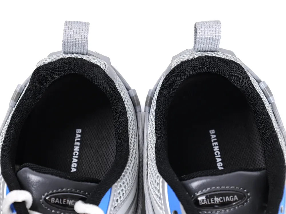 Silver and black mesh sneakers with blue accents and branded insoles, top view.