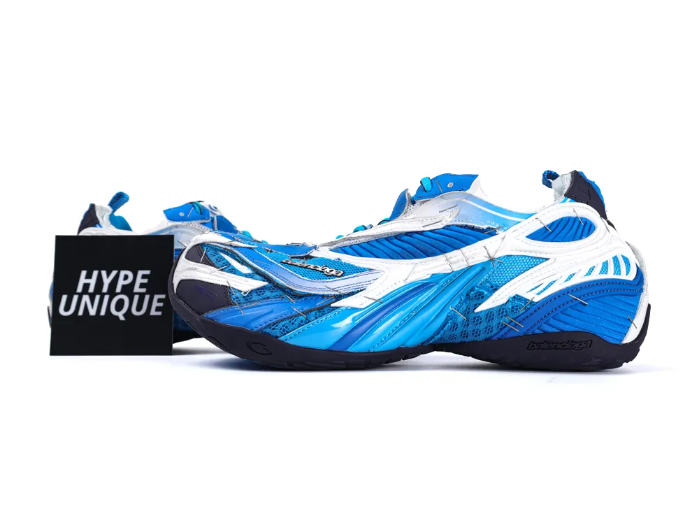 Blue and white sneakers with mesh material and rubber soles.