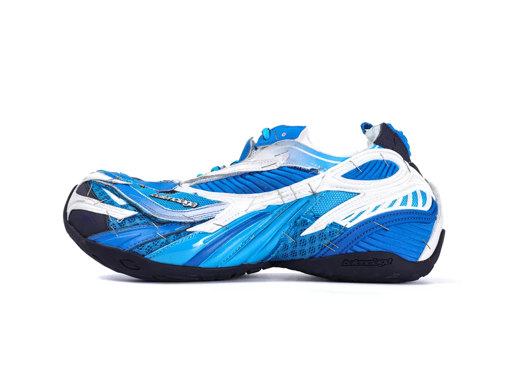 Blue and white sneaker with mesh material, showcasing intricate design and stitching details.