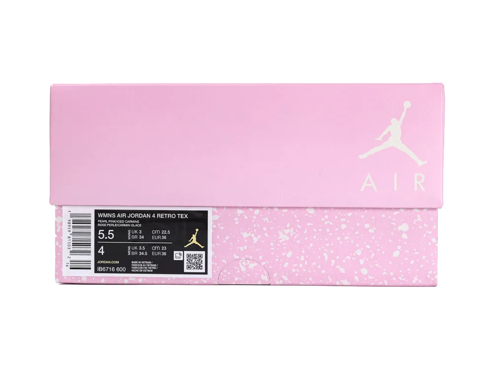 Pink cardboard shoebox with a speckled pattern, featuring Air Jordan branding.