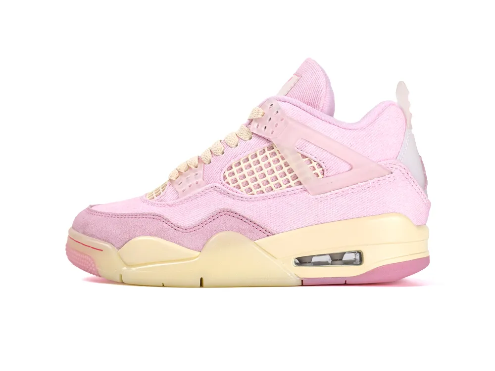 Pink suede sneaker with beige mesh detailing and cream sole, side view.