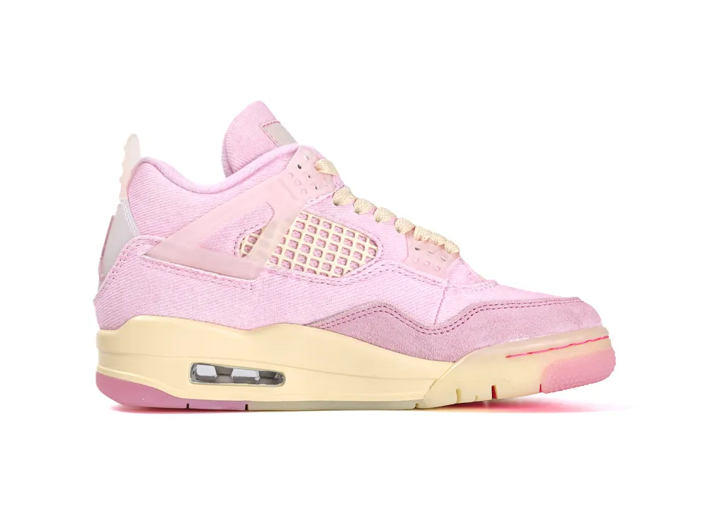 Pink suede and mesh sneaker with cream midsole and pink outsole accents.