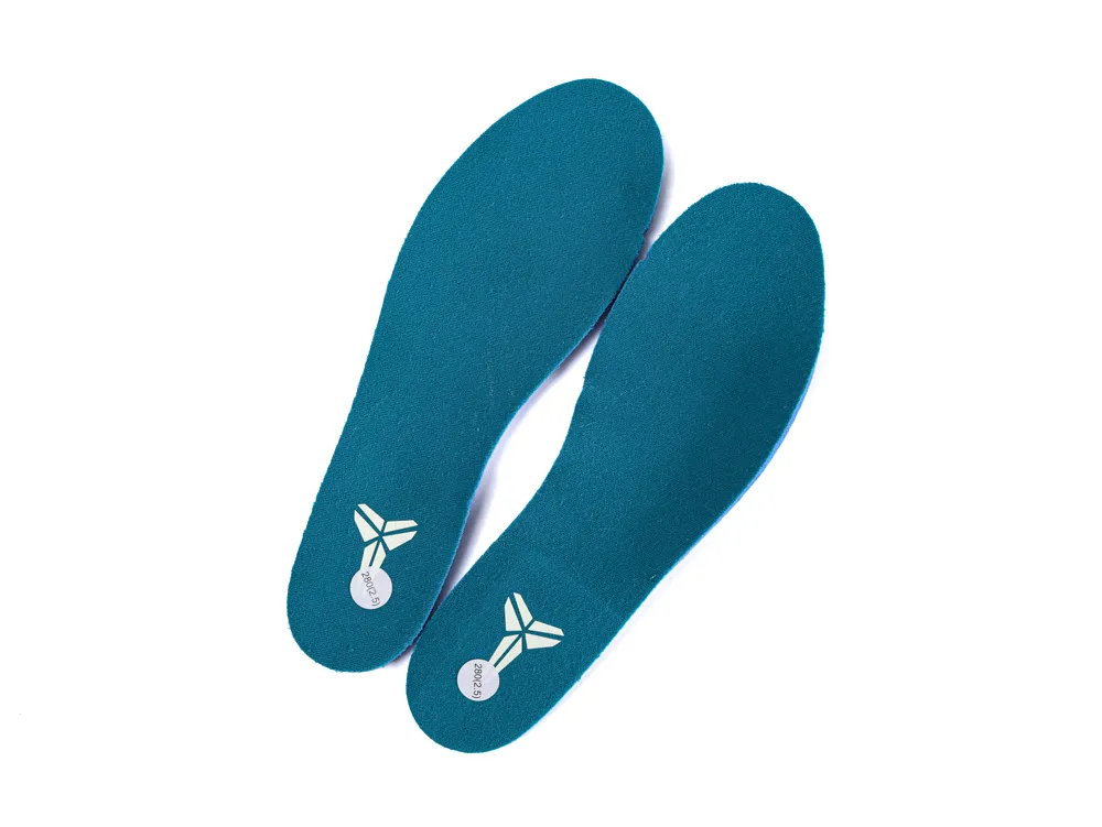 Blue foam insoles with printed logo, designed for shoe comfort enhancement.