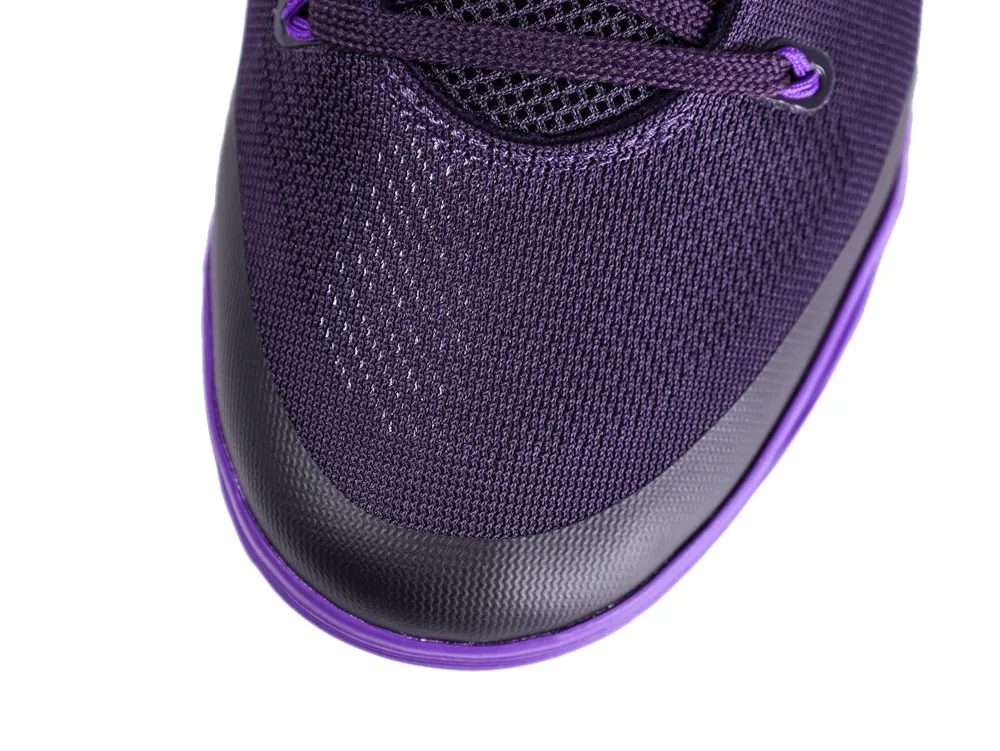 Purple mesh sneaker upper with black accents and matching laces, top view.