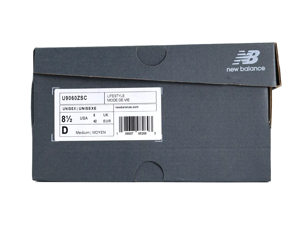 Dark gray cardboard shoe box with label, featuring product details and size information.