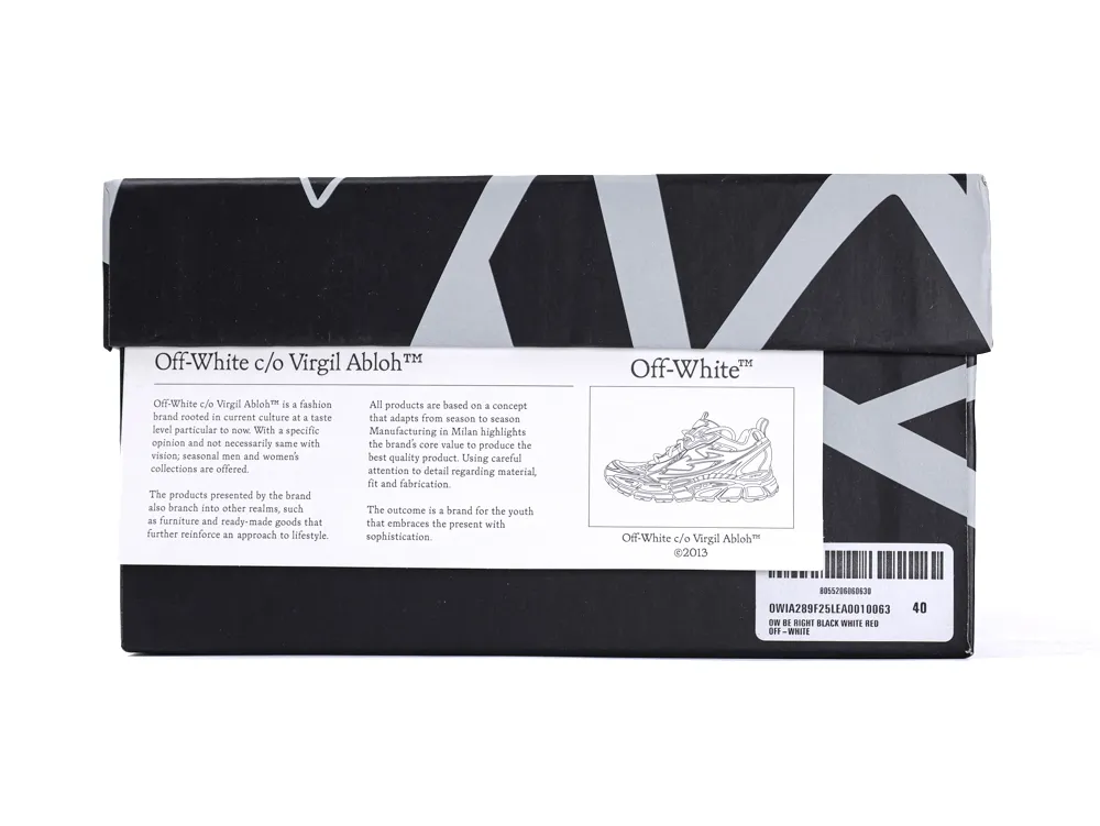 Black and white cardboard shoe box with printed text and graphics.