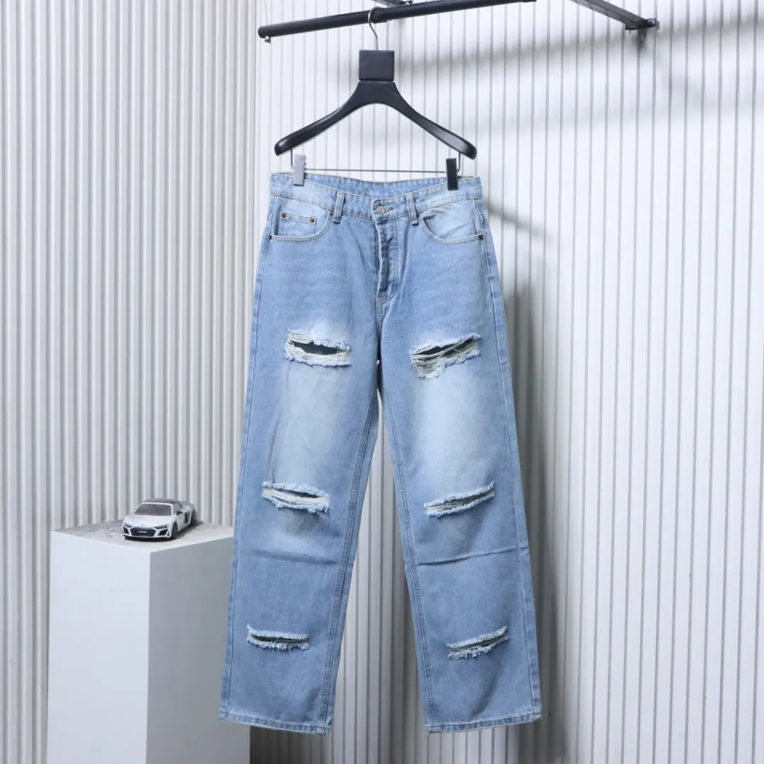 Acne Ice Blue Distressed Straight Leg Jeans - Back