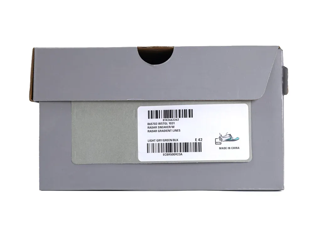 Product label on a grey Balenciaga shoe box featuring SKU 865703 WSTGL 1031 and "Radar Sneaker" description.