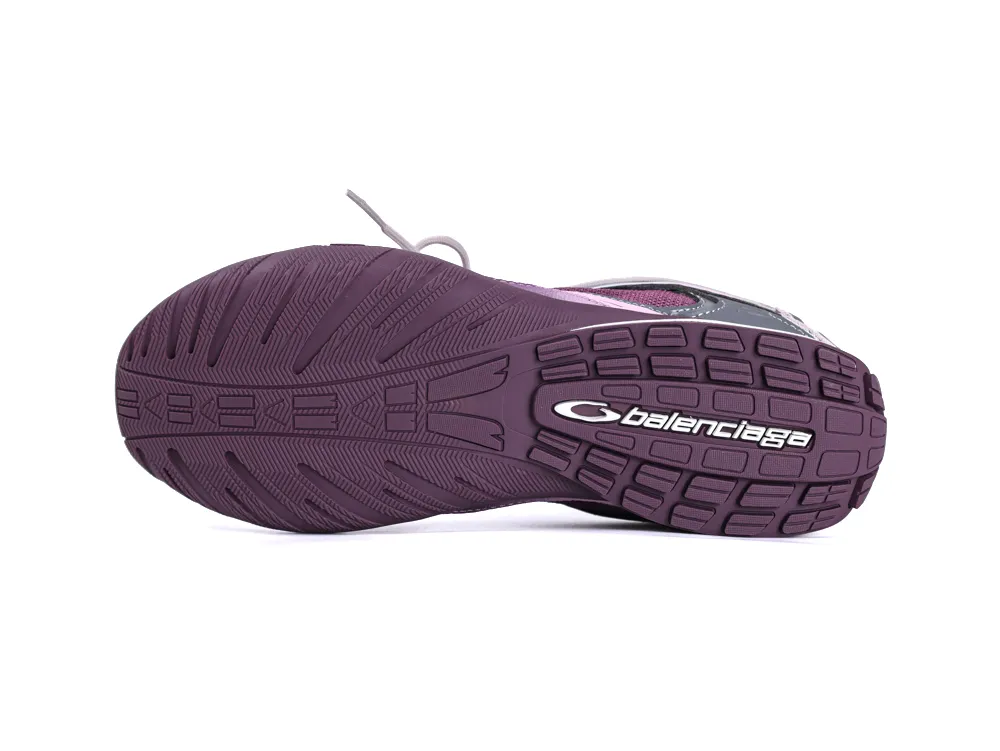 Bottom sole view of Balenciaga Radar Sneaker in Purple Grey Pink showing traction pattern and logo.