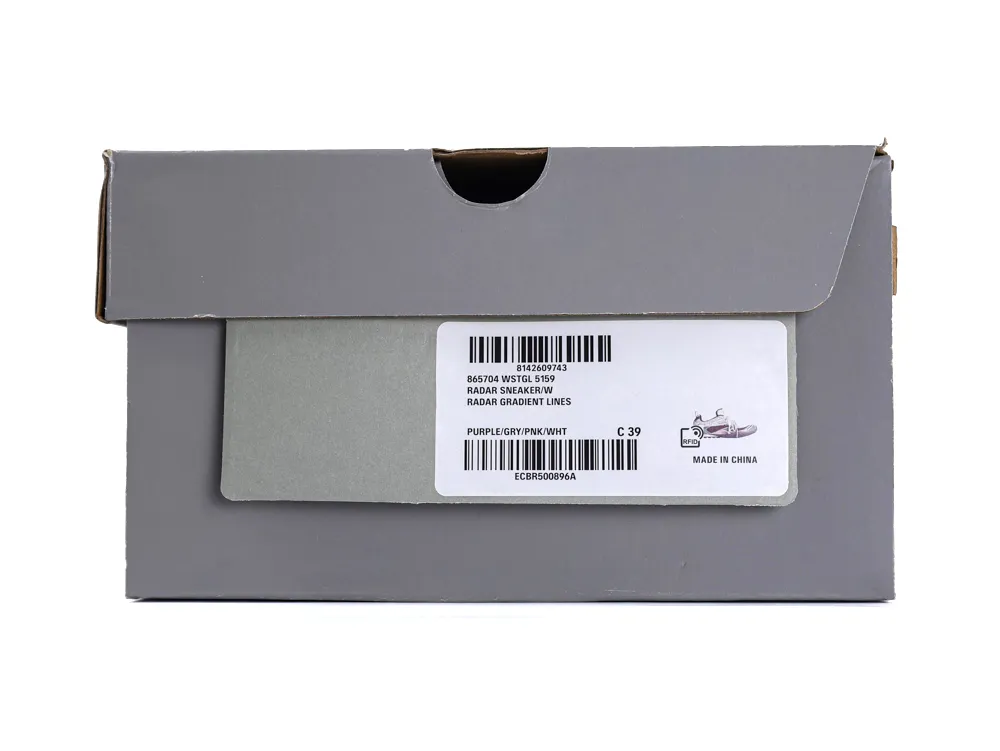 Retail box label for Balenciaga Radar Sneaker Purple/Gry/Pnk/Wht Shoe Code 865704 WSTGL 5159.