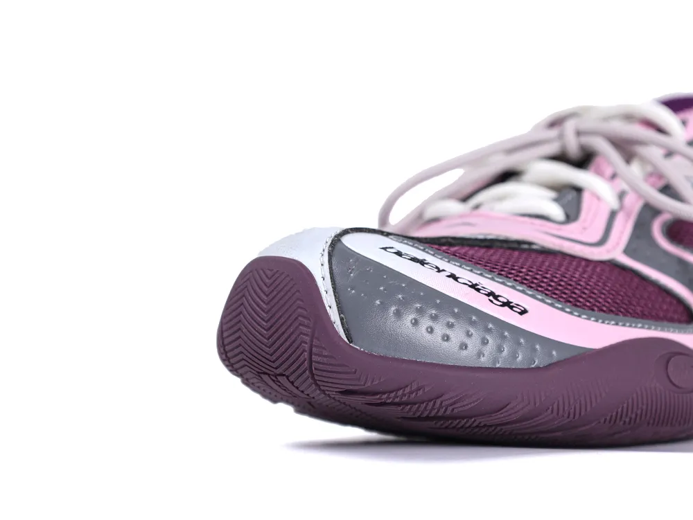 Close-up of the toe box on Balenciaga Radar Sneaker featuring grey mesh and pink leather overlays.